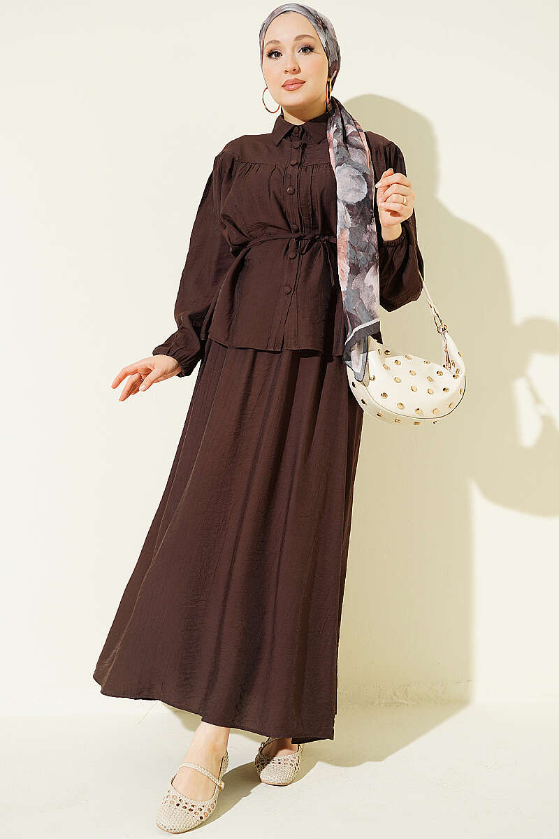 Two-Piece Skirt Set with Gathered Bodice and Cord Belt - Dark Brown