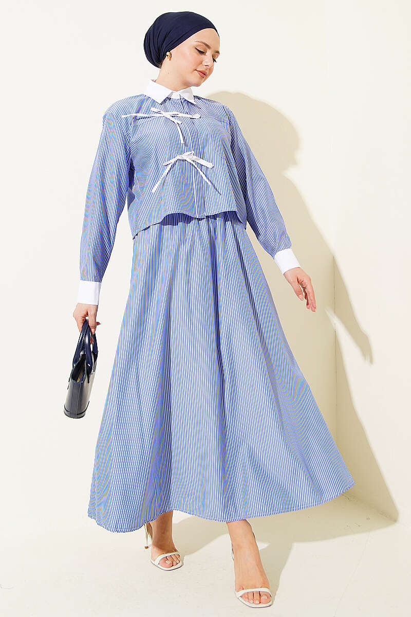 Striped Skirt Set with Chest Pocket - Blue