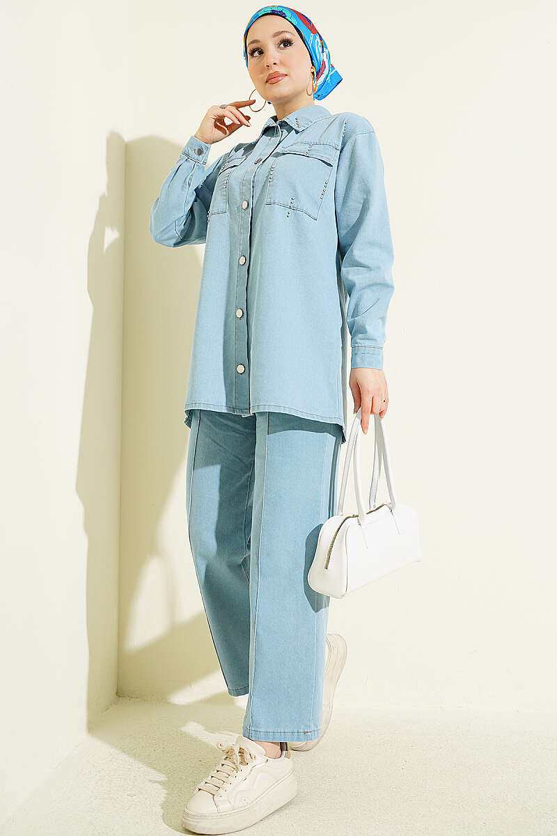 Denim Set with Chest Pocket and Drop Beads - Light Blue