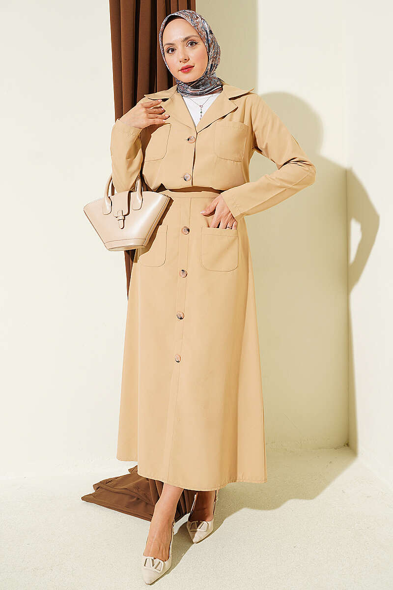 Two-Piece Skirt Set with Chest Pocket - Beige