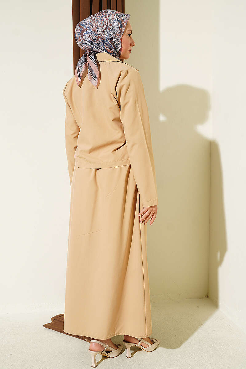 Two-Piece Skirt Set with Chest Pocket - Beige