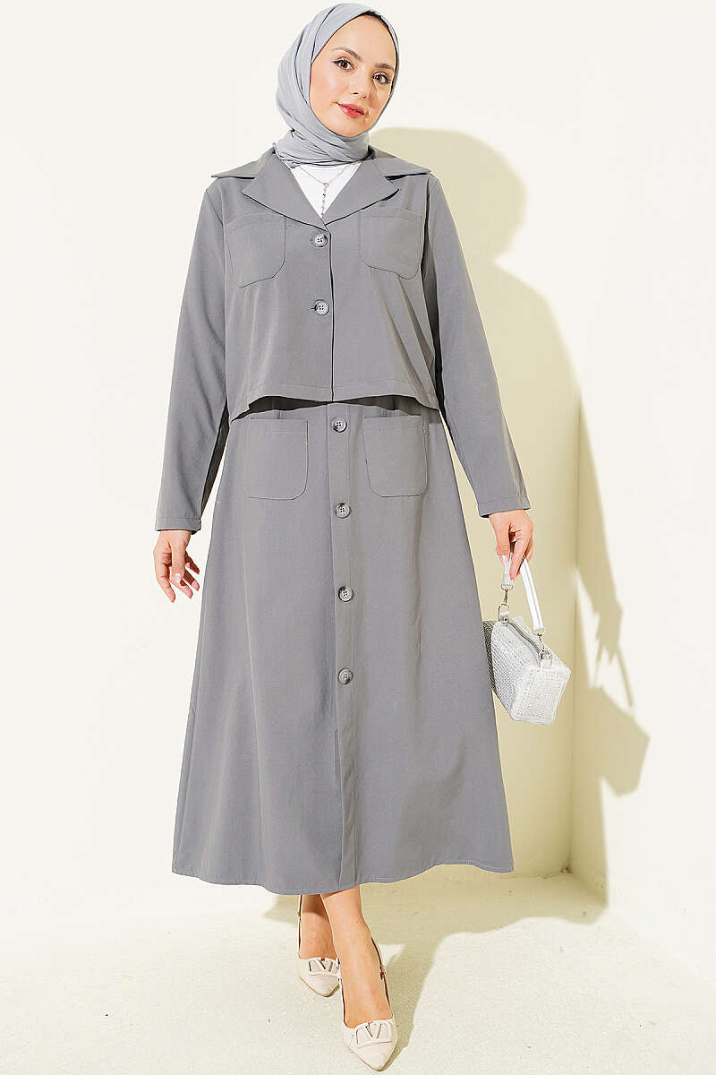 Two-Piece Skirt Set with Chest Pocket - Smoke Grey