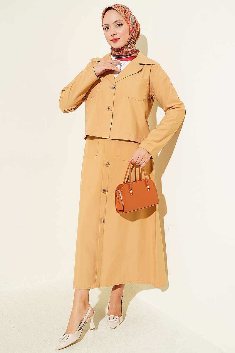 Two-Piece Skirt Set with Chest Pocket - Latte