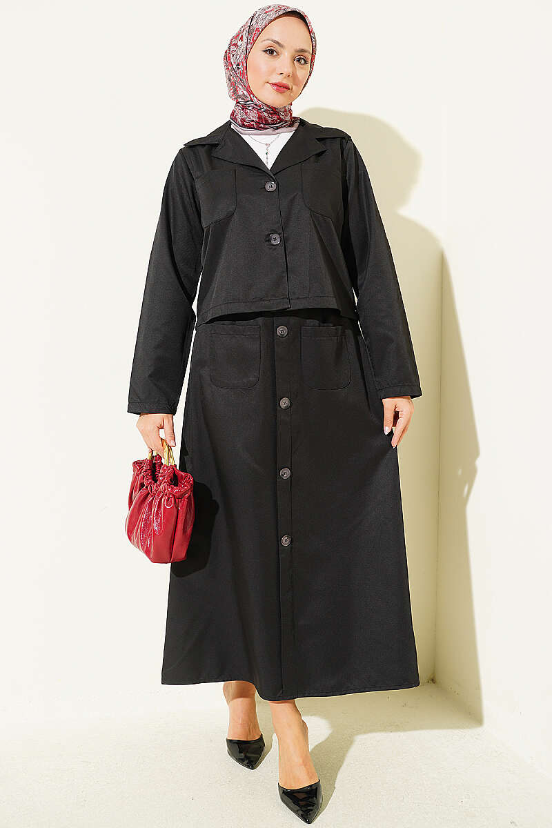 Two-Piece Skirt Set with Chest Pocket - Black