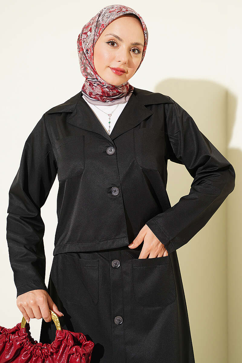 Two-Piece Skirt Set with Chest Pocket - Black