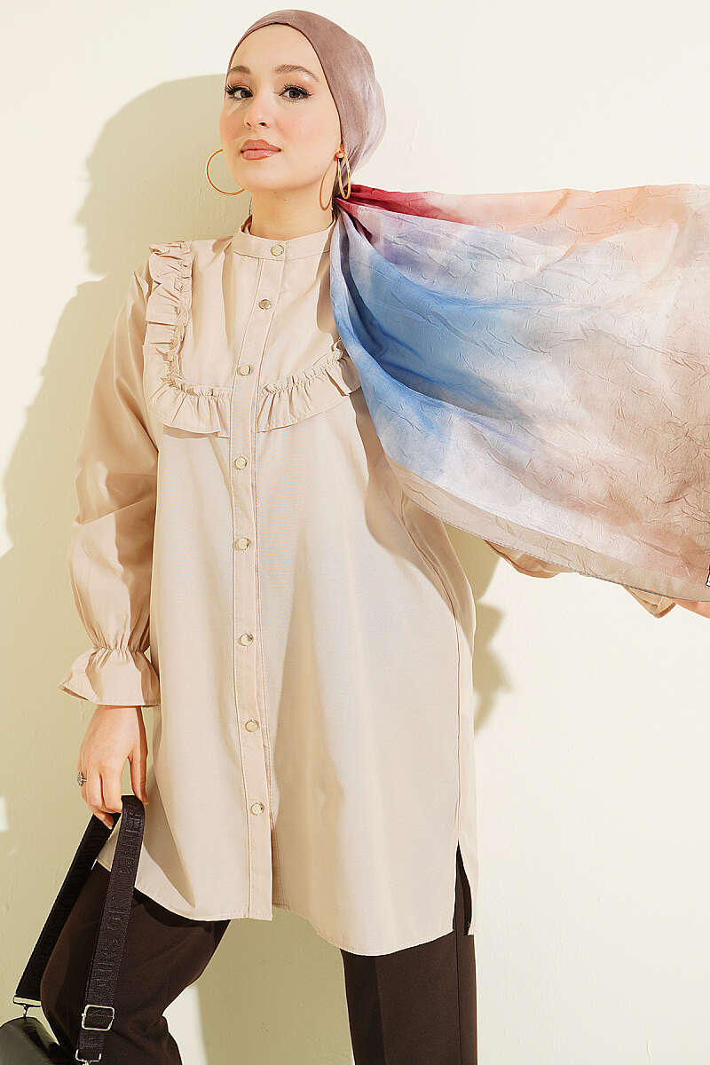 Shirt with Ruffled Bust - Beige