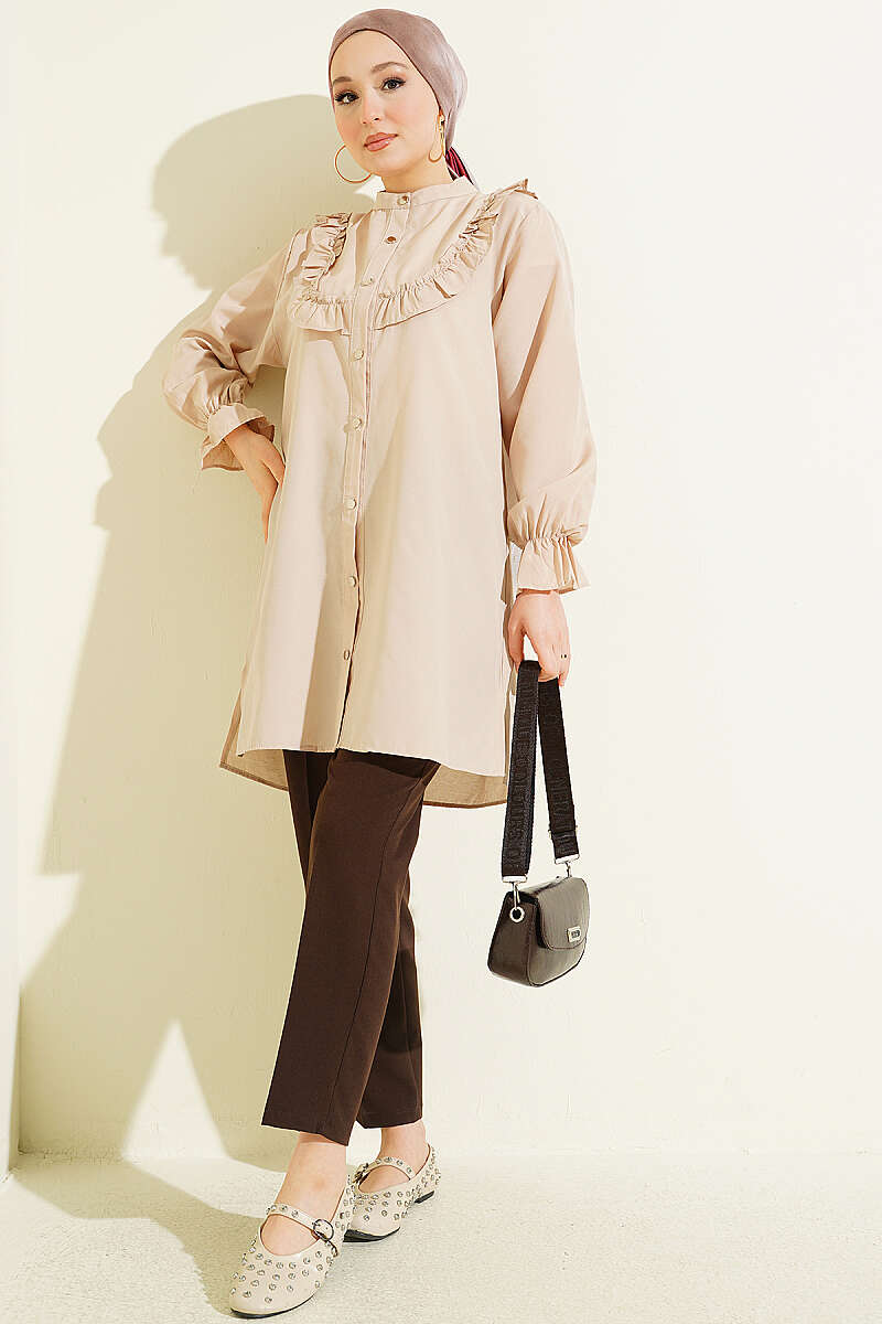 Shirt with Ruffled Bust - Beige