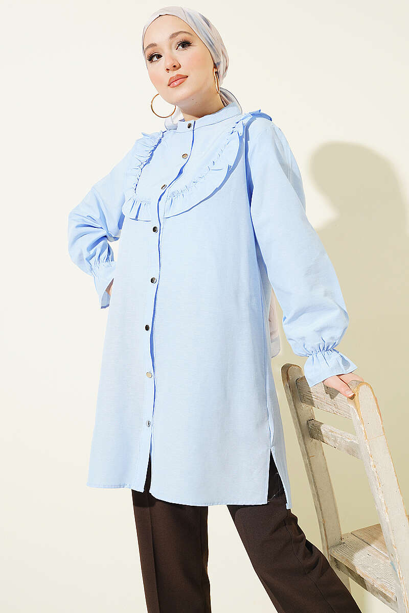 Shirt with Ruffled Bust - Blue
