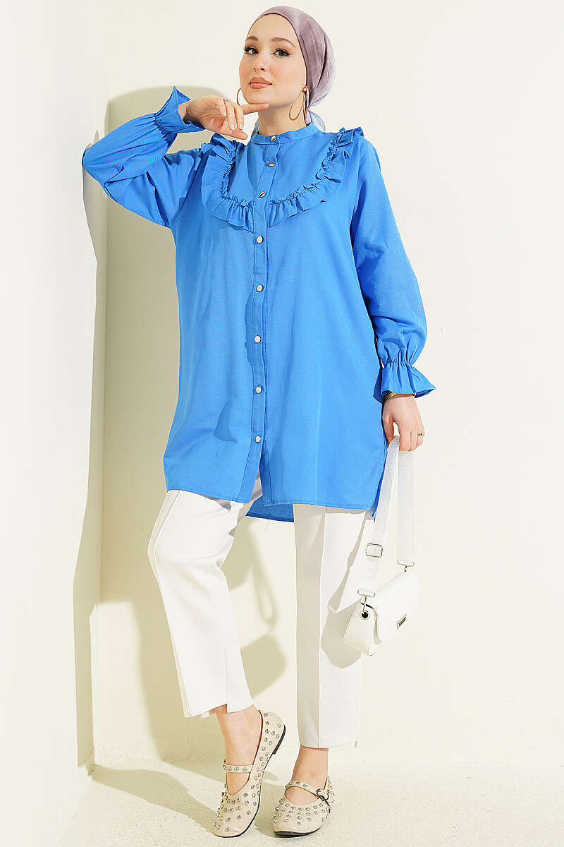 Shirt with Ruffled Bust - Saxe Blue