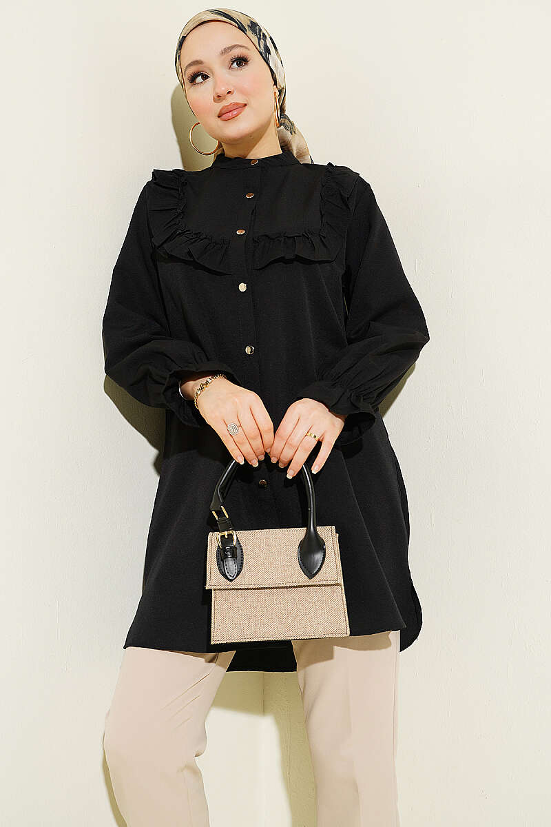 Shirt with Ruffled Bust - Black