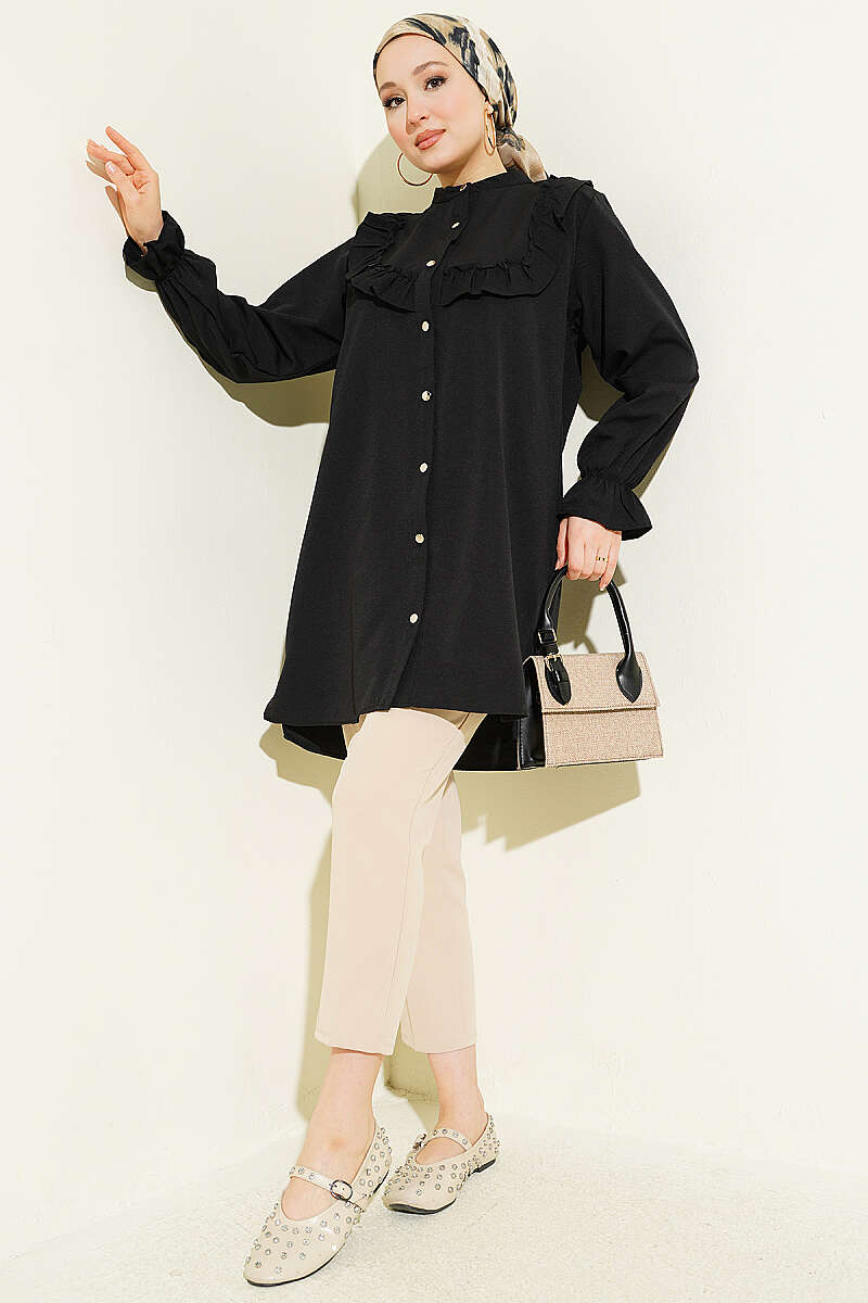 Shirt with Ruffled Bust - Black