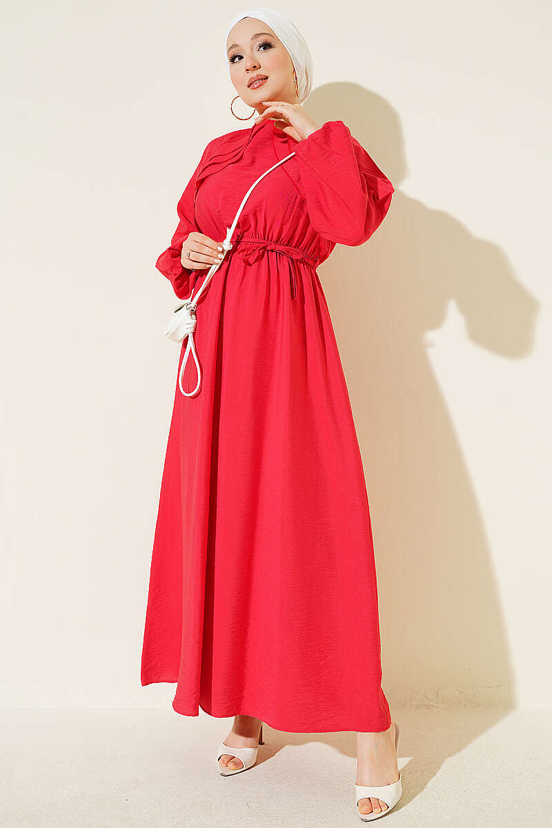 Ruffled-Bodice Dress with Cord Belt - Red
