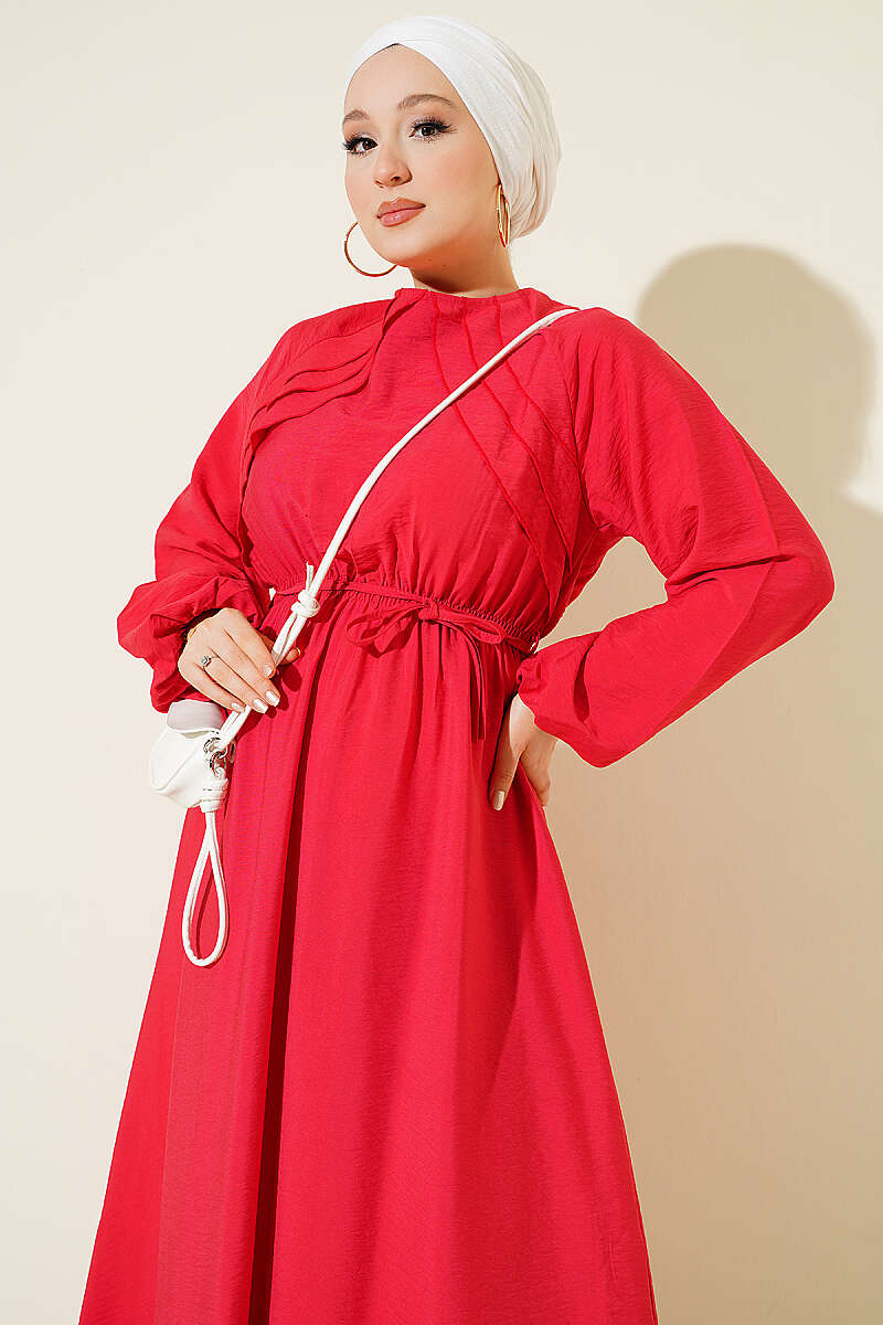 Ruffled-Bodice Dress with Cord Belt - Red