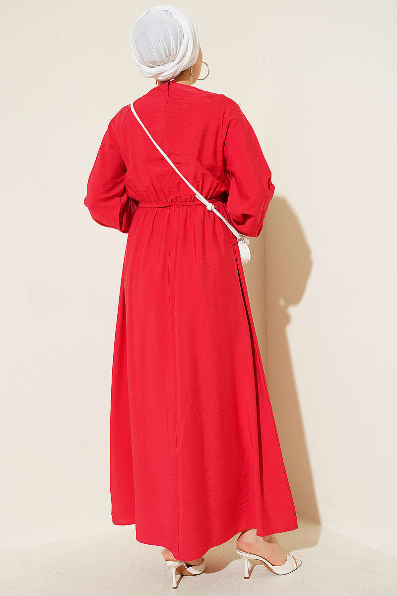 Ruffled-Bodice Dress with Cord Belt - Red