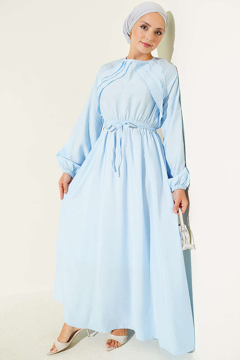 Ruffled-Bodice Dress with Cord Belt - Blue