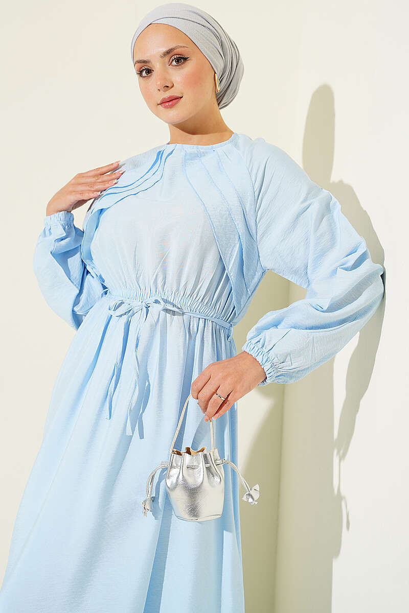 Ruffled-Bodice Dress with Cord Belt - Blue