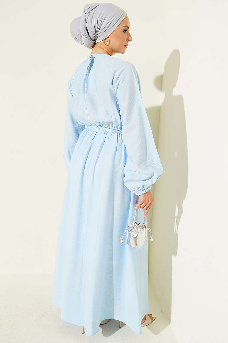 Ruffled-Bodice Dress with Cord Belt - Blue