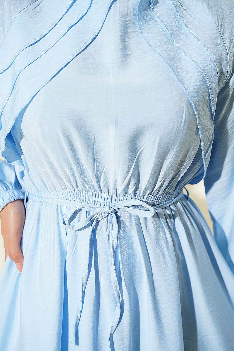 Ruffled-Bodice Dress with Cord Belt - Blue