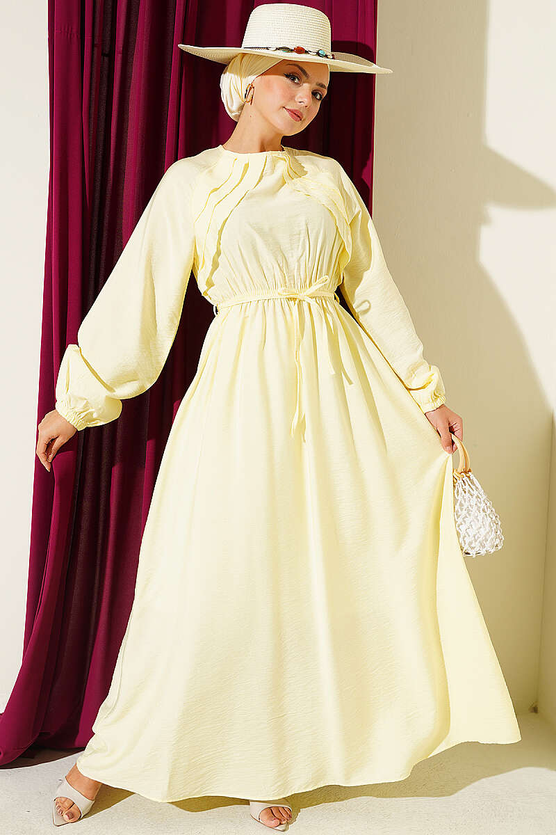 Ruffled-Bodice Dress with Cord Belt - Yellow