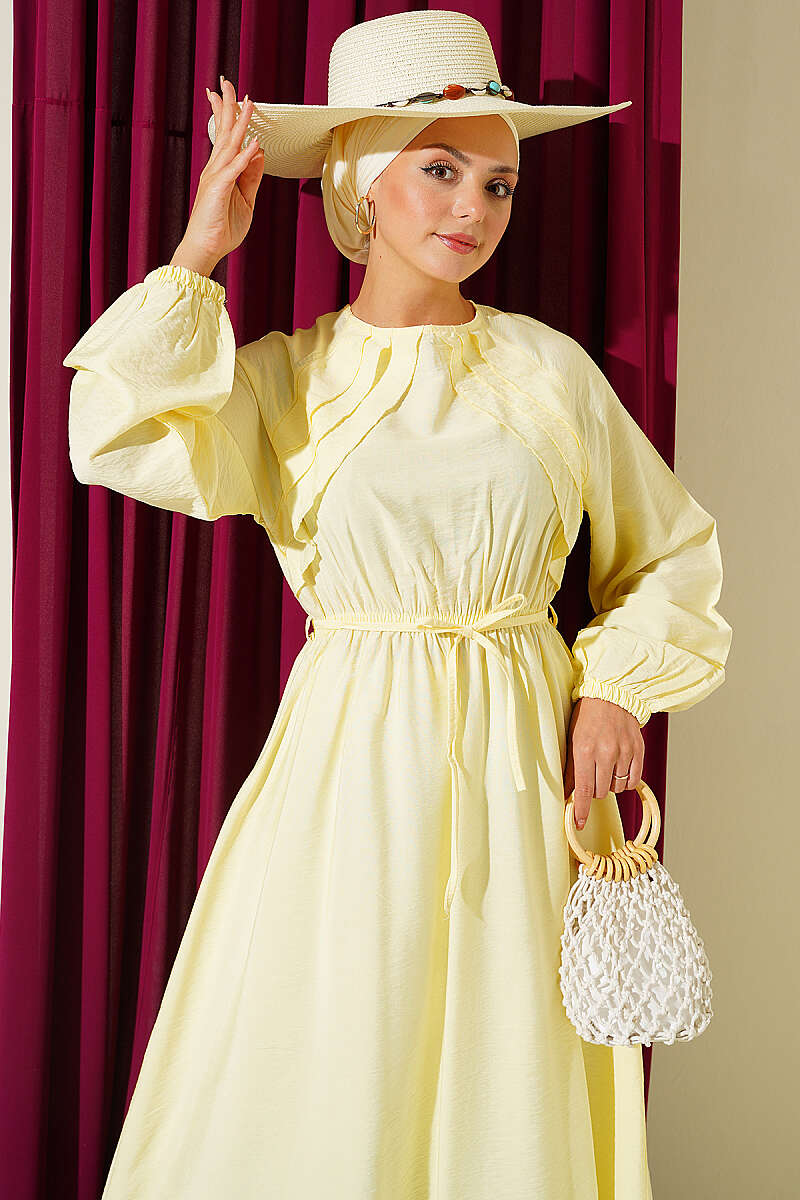 Ruffled-Bodice Dress with Cord Belt - Yellow