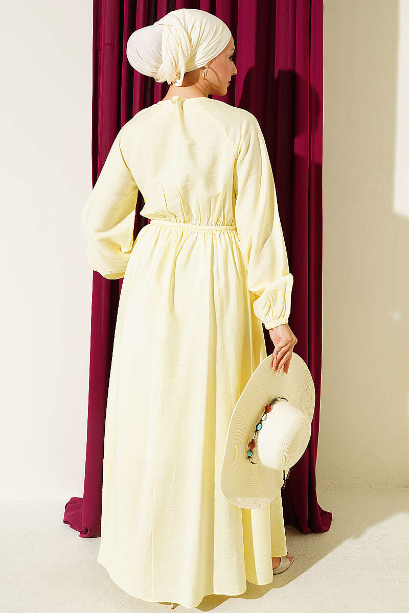 Ruffled-Bodice Dress with Cord Belt - Yellow