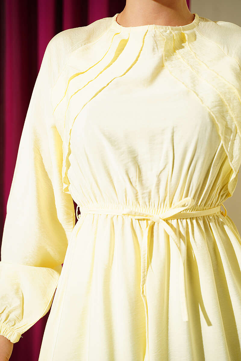 Ruffled-Bodice Dress with Cord Belt - Yellow