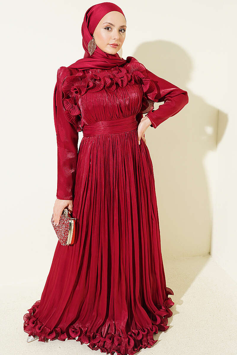 Evening Dress with Ruffled Bodice - Burgundy