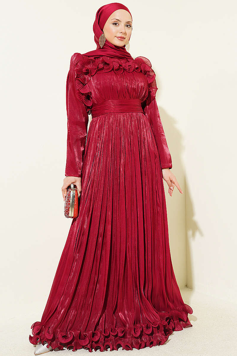 Evening Dress with Ruffled Bodice - Burgundy
