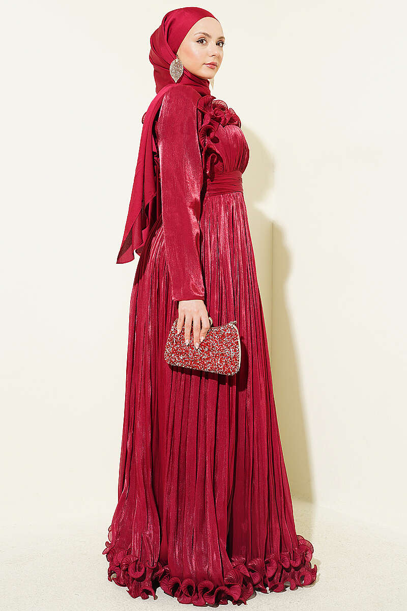 Evening Dress with Ruffled Bodice - Burgundy