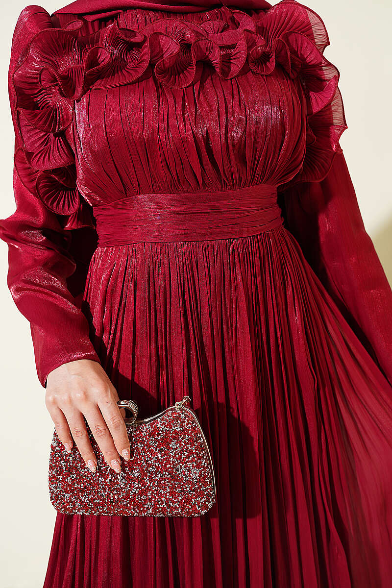 Evening Dress with Ruffled Bodice - Burgundy
