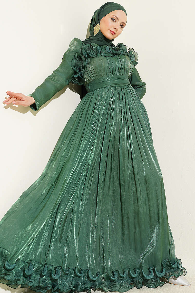 Evening Dress with Ruffled Bodice - Green