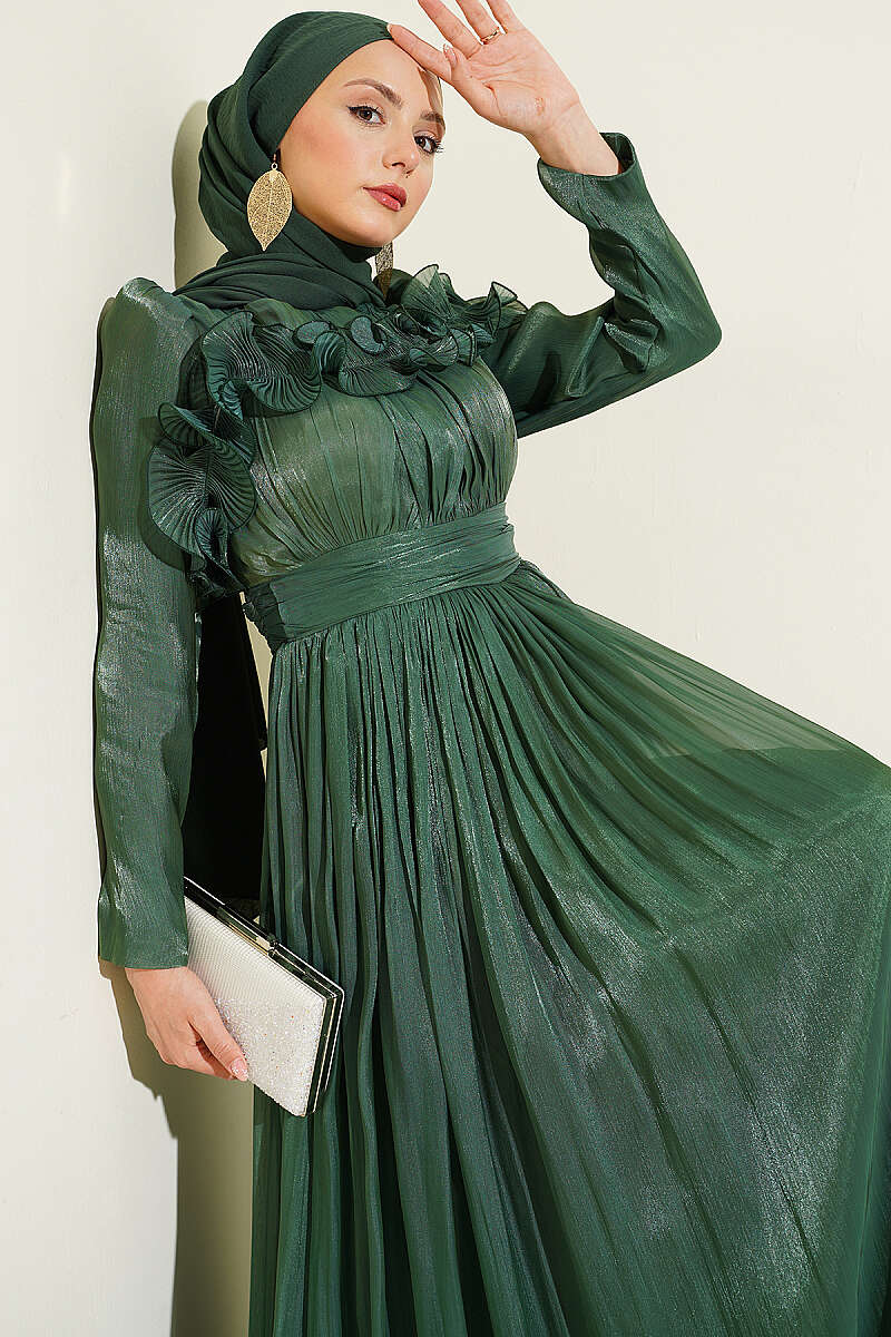 Evening Dress with Ruffled Bodice - Green
