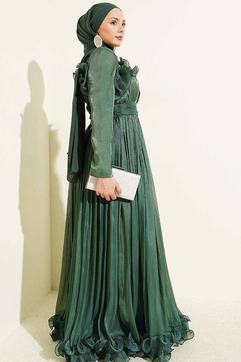 Evening Dress with Ruffled Bodice - Green