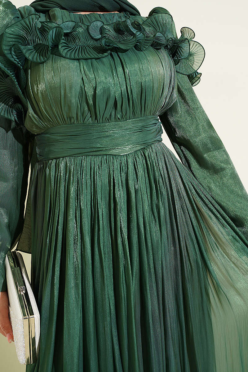 Evening Dress with Ruffled Bodice - Green
