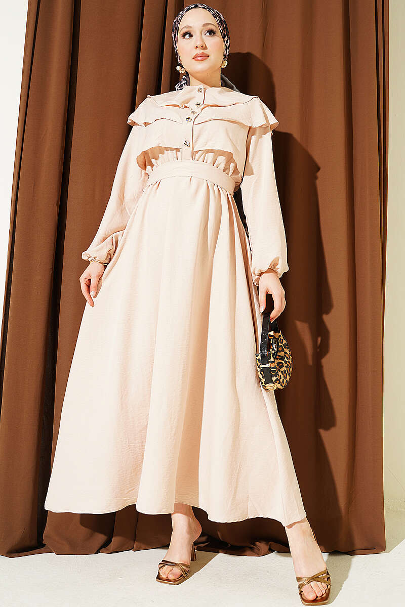 Belted Dress with Ruffled Bodice - Beige