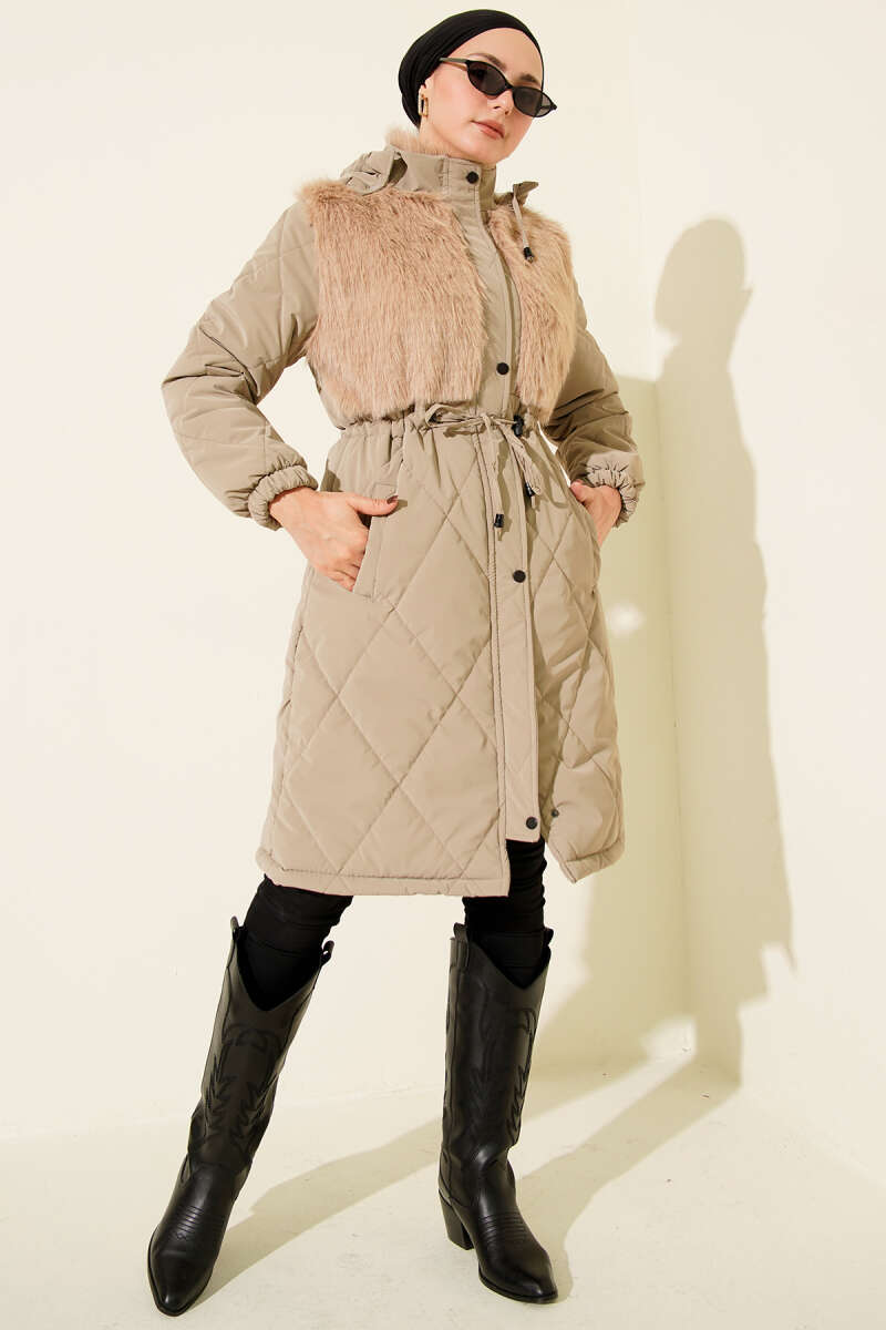 Hooded Quilted Coat with Faux Fur Chest - Mink