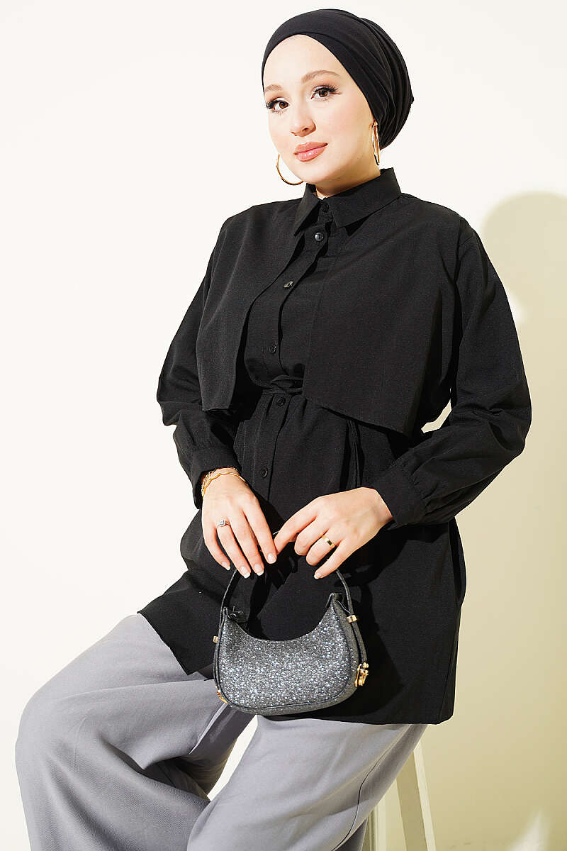 Panelled-Bodice Shirt with Cord Belt - Black