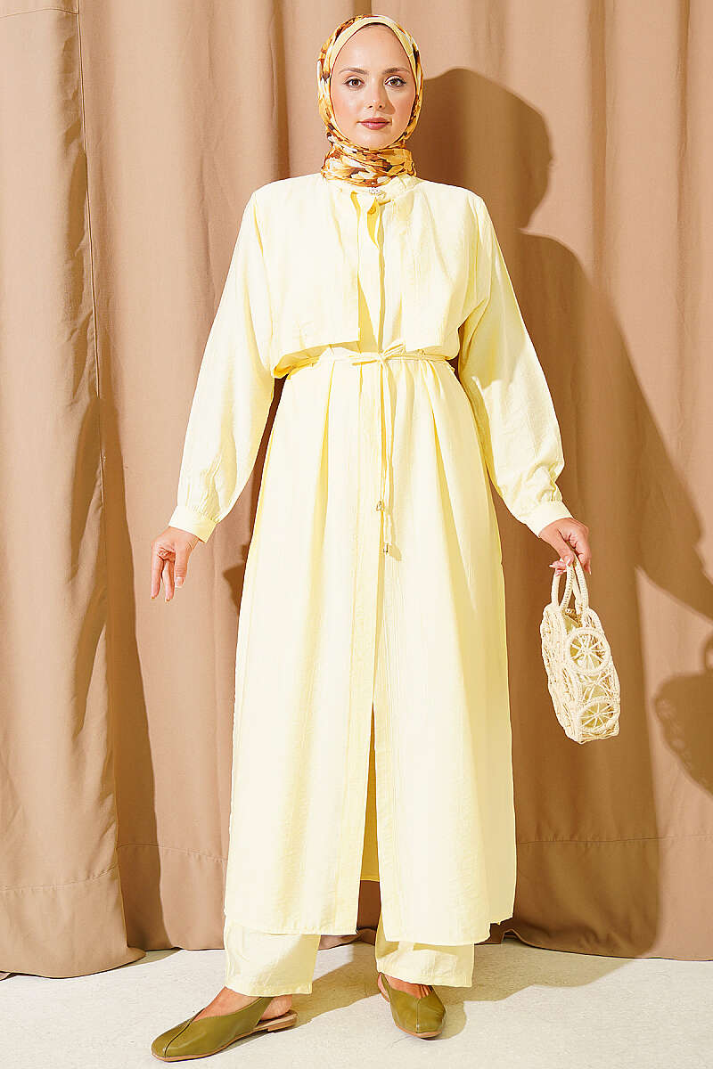 Long Tunic Set with Panelled Bodice and Cord Belt - Yellow