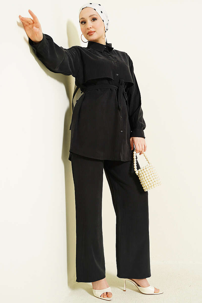 Belted Tencel Two-Piece Set with Chest Cape - Black