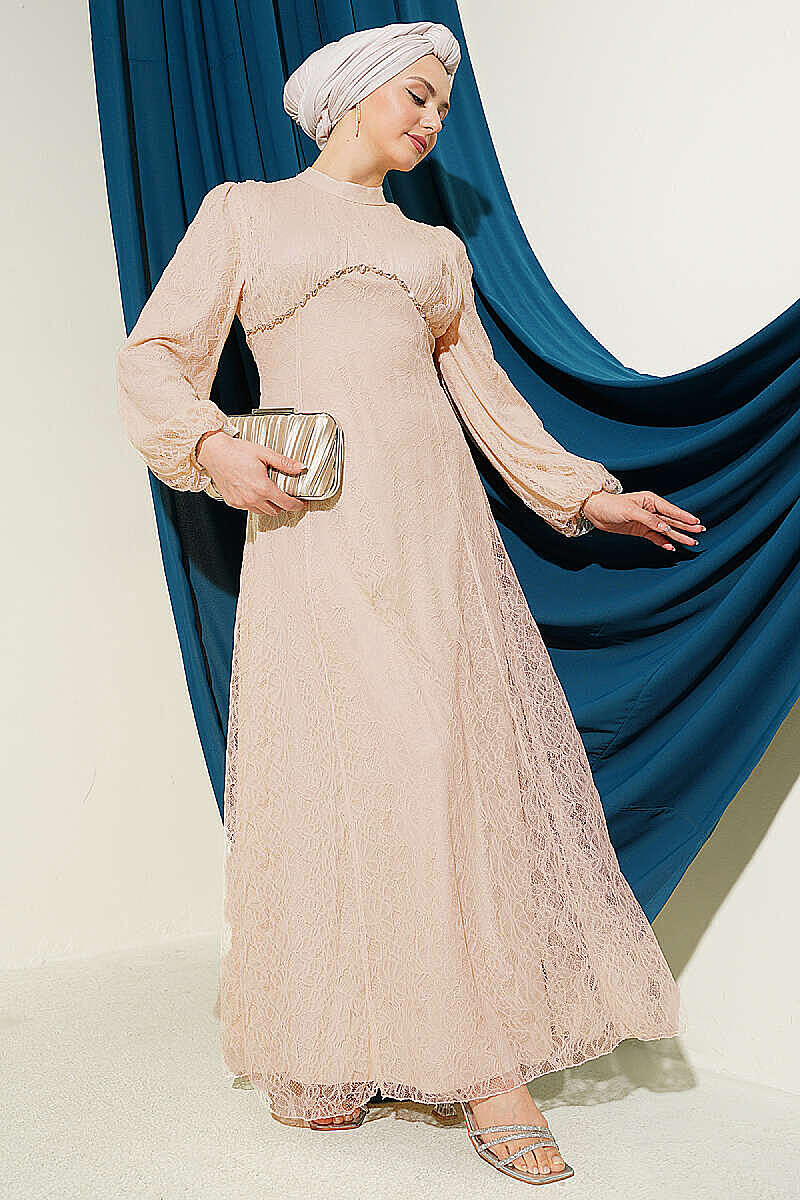 Lace Evening Dress with Jewelled Bodice - Beige