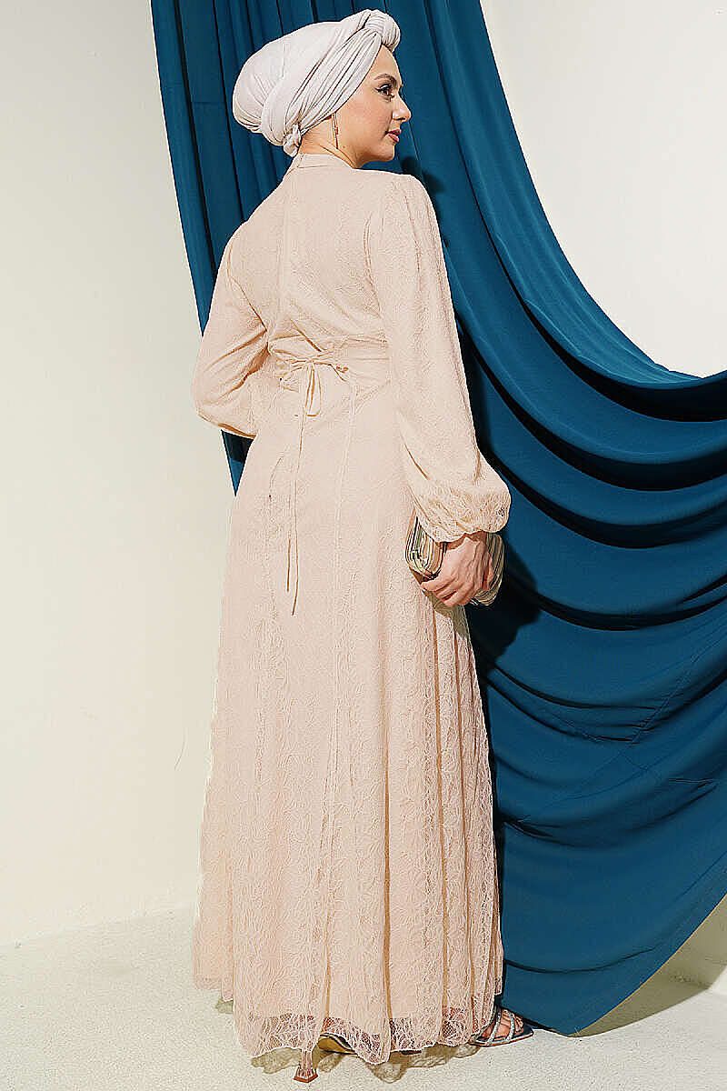 Lace Evening Dress with Jewelled Bodice - Beige