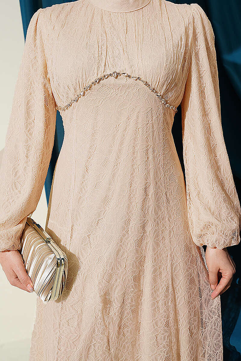 Lace Evening Dress with Jewelled Bodice - Beige