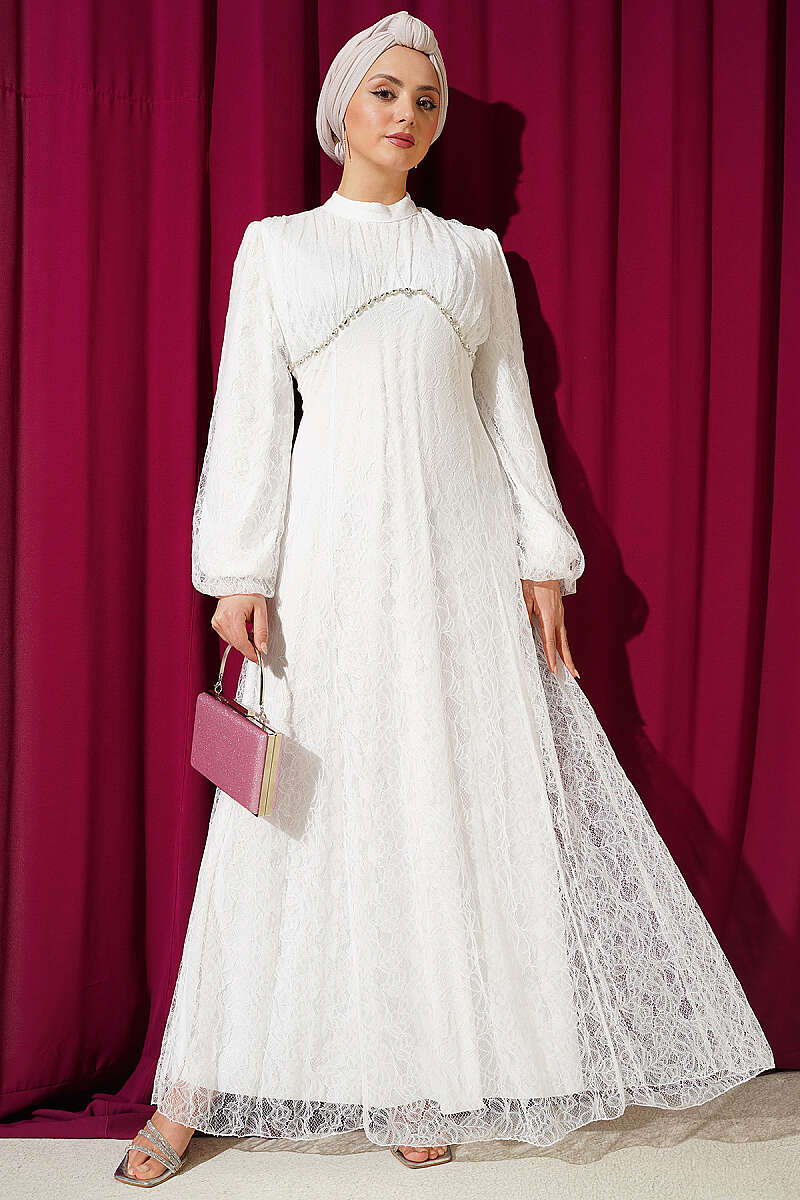 Lace Evening Dress with Jewelled Bodice - White