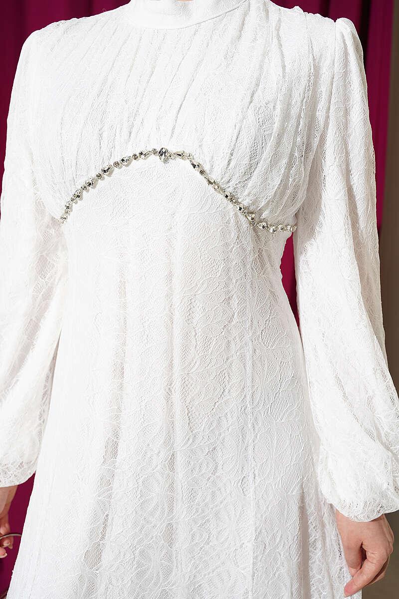 Lace Evening Dress with Jewelled Bodice - White