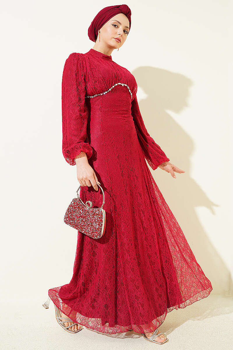 Lace Evening Dress with Jewelled Bodice - Burgundy