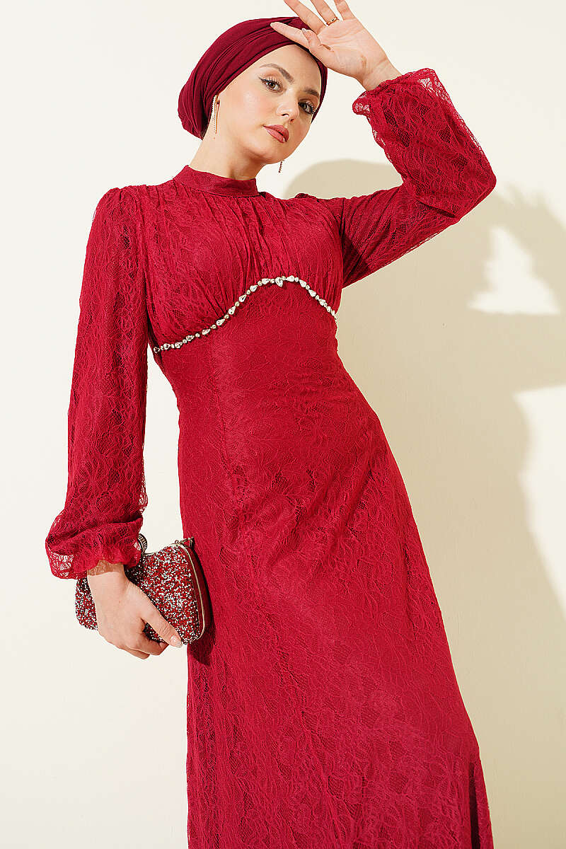 Lace Evening Dress with Jewelled Bodice - Burgundy