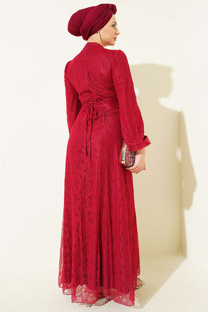 Lace Evening Dress with Jewelled Bodice - Burgundy