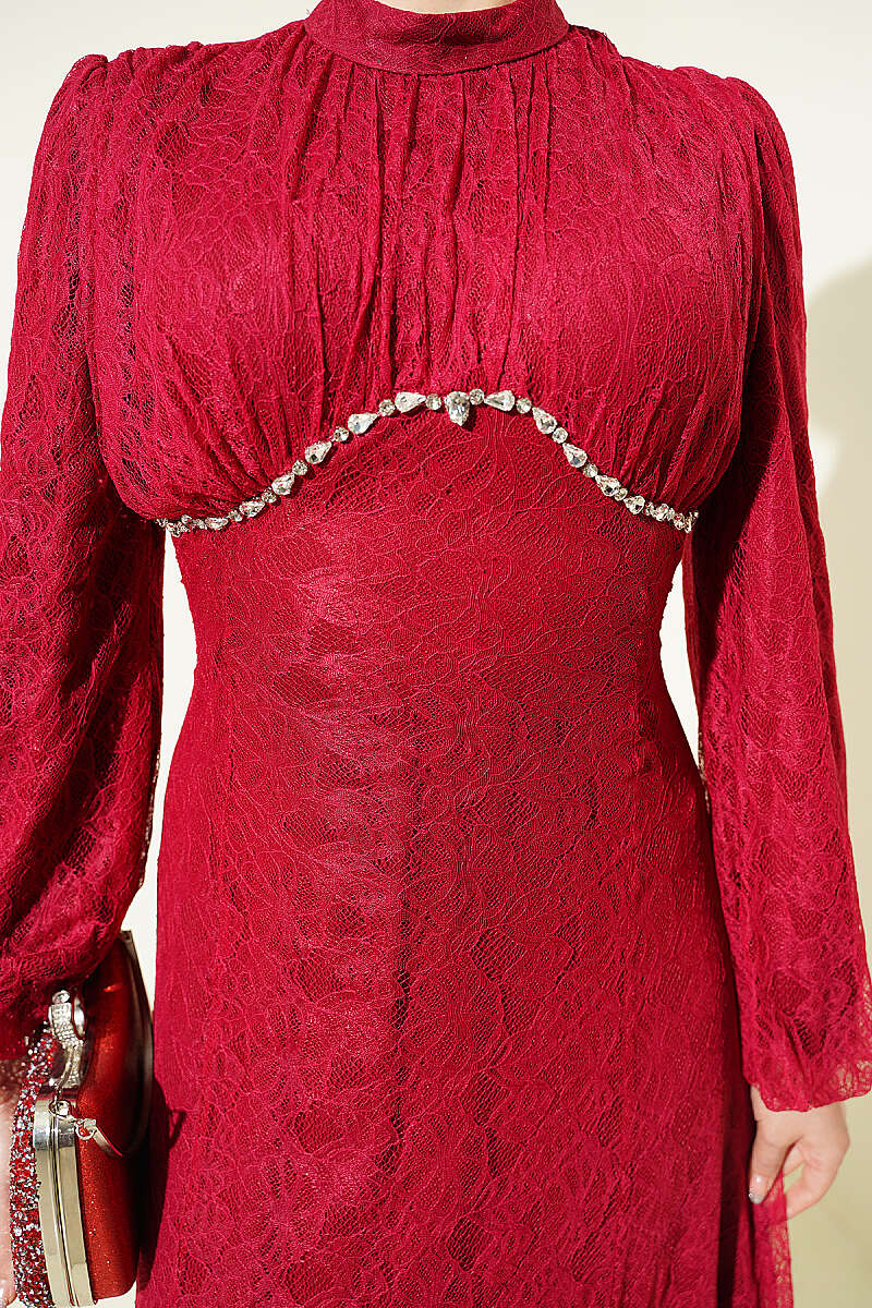 Lace Evening Dress with Jewelled Bodice - Burgundy