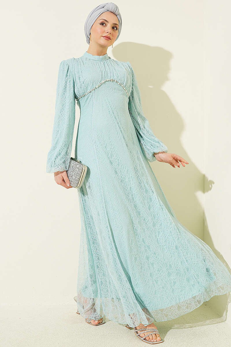 Lace Evening Dress with Jewelled Bodice - Mint