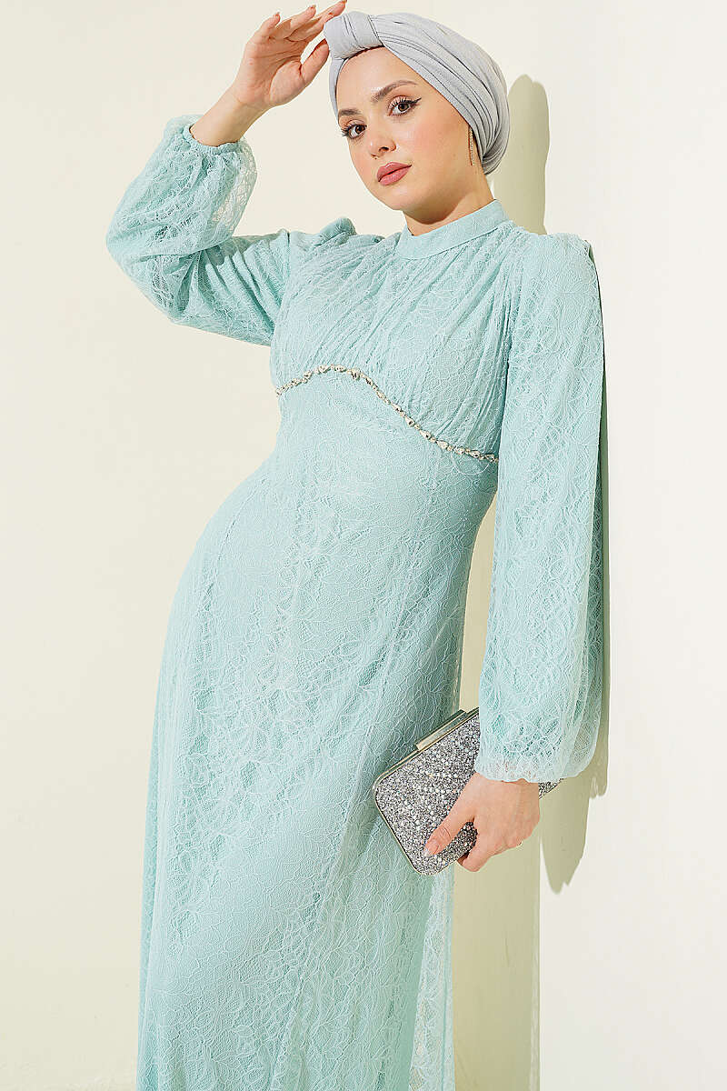 Lace Evening Dress with Jewelled Bodice - Mint